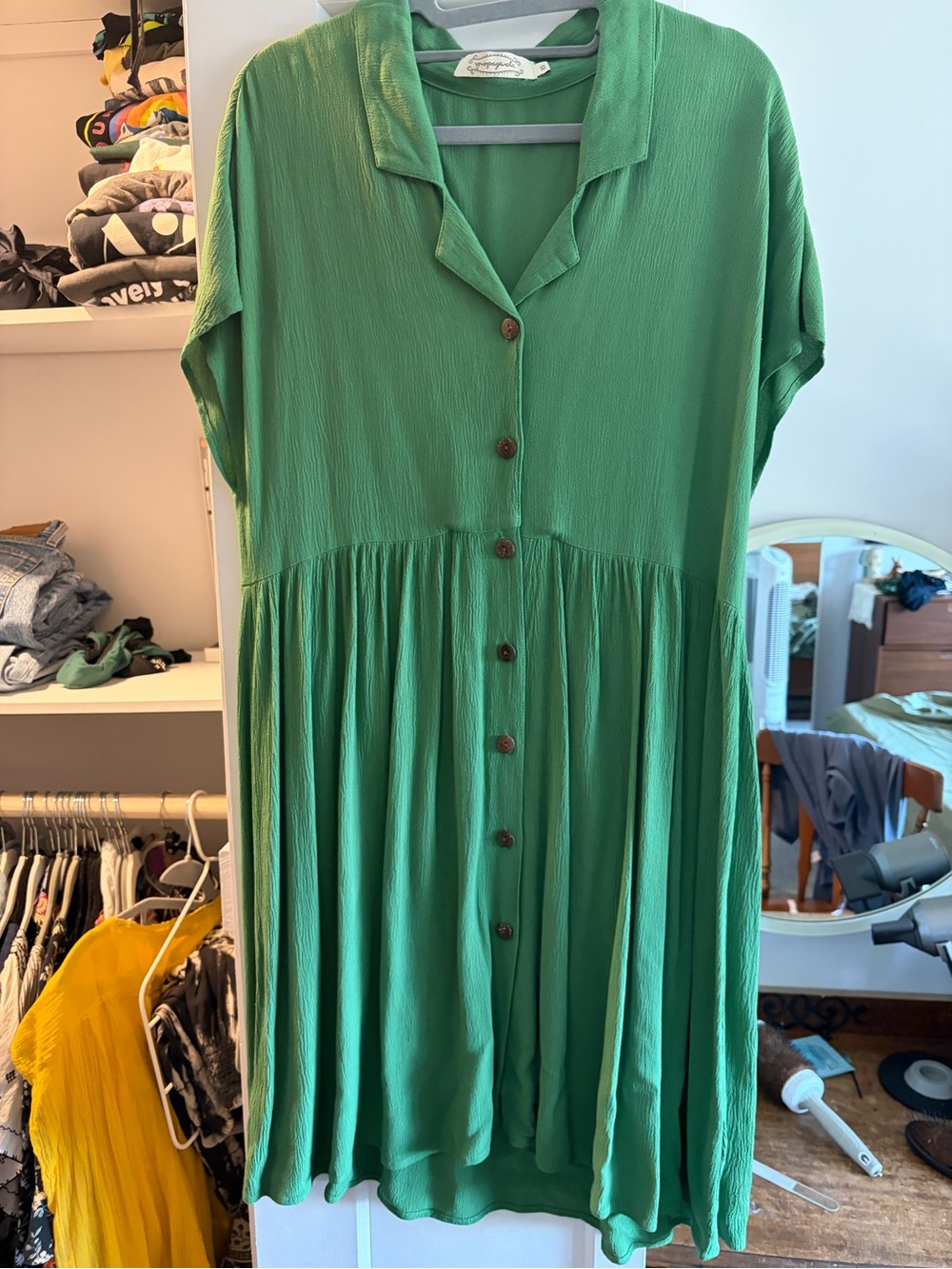 Get Plenty Propaganda Button-Front Green Midi Dress with Soft Collar